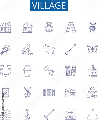 Village line icons signs set. Design collection of Village, Hamlet, Settlement, Rural, Township, Community, Locale, Farmland outline concept vector illustrations
