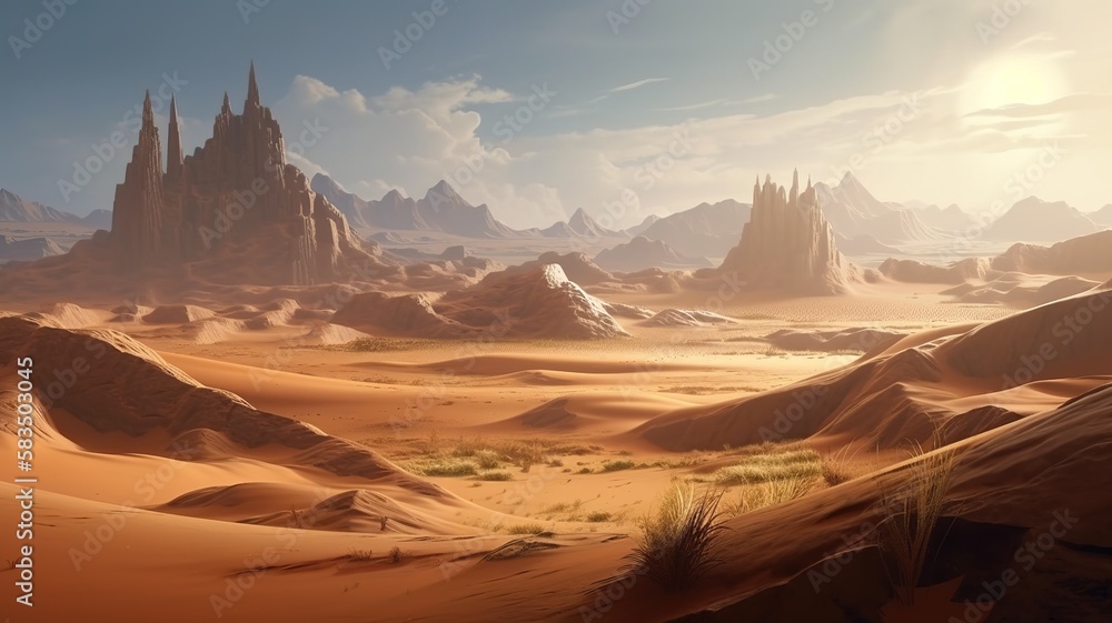Naklejka premium Desert Fantasy Backdrop, Concept Art, CG Artwork, Realistic Illustration with Generative AI 