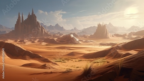 Desert Fantasy Backdrop, Concept Art, CG Artwork, Realistic Illustration with Generative AI 