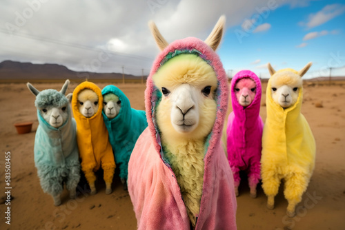 Baby Llama wearing plain color hoodies with vivid color bomb explosion backgrounds, cute and adorable animals, explosive colorful backgrounds, digital art. Generative AI © ShadowHero