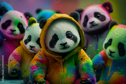 Baby pandas wearing plain color hoodies with vivid color bomb explosion backgrounds, cute and adorable animals, explosive colorful backgrounds, digital art. Generative AI © ShadowHero