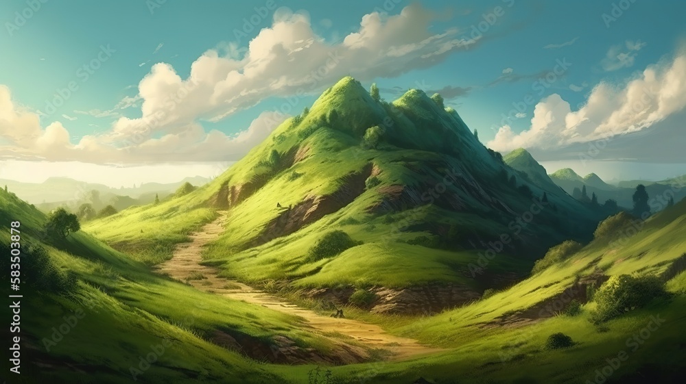 The Hill Fantasy Backdrop, Concept Art, CG Artwork, Realistic Illustration with Generative AI
