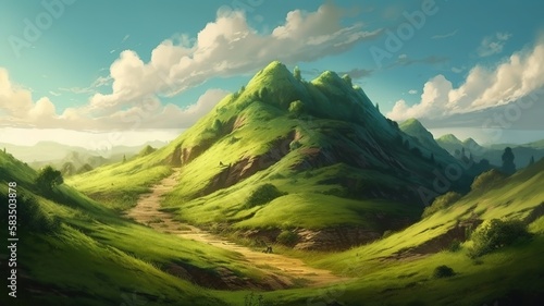 The Hill Fantasy Backdrop, Concept Art, CG Artwork, Realistic Illustration with Generative AI 