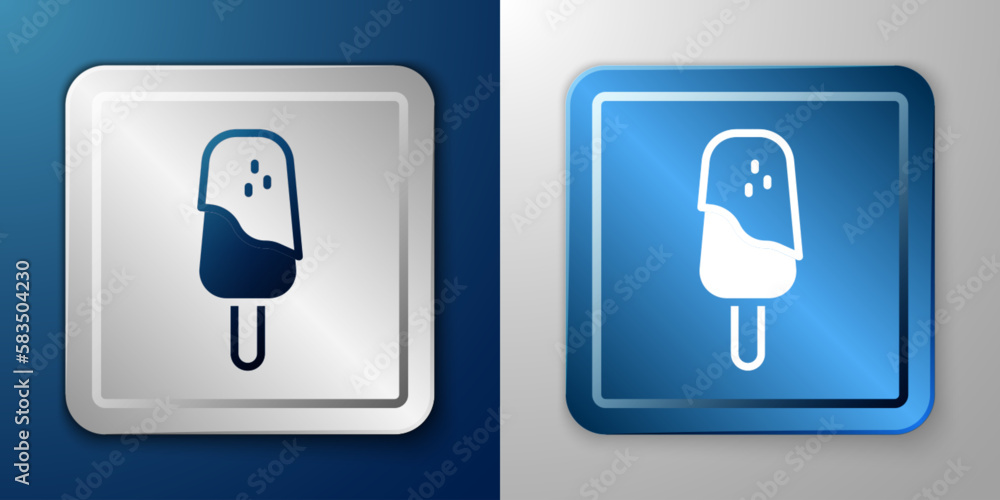 White Ice cream icon isolated on blue and grey background. Sweet symbol. Silver and blue square button. Vector White Ice cream icon isolated on blue and grey background. Sweet symbol. Silver and blue square button. Vector