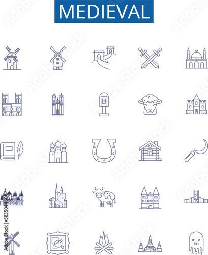 Medieval line icons signs set. Design collection of Medieval, Knights, Castles, Armor, Monarchs, Feudalism, Crusades, Churches outline concept vector illustrations