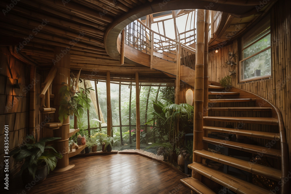 Interior of bamboo house, spiral staircase, eco house. Generative AI Interior of bamboo house, spiral staircase, eco house. Generative AI
