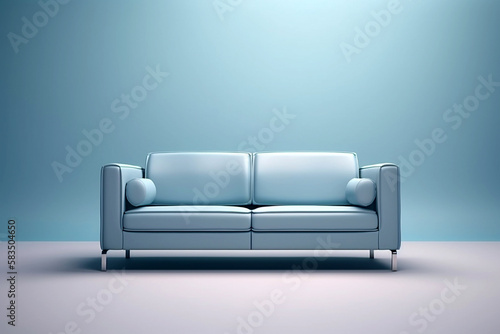 Soft blue sofa on blue background, 3D illustration, AI generated image. Modern minimalistic living room interior detail. Cosiness, social media and sale concept, creative advertisement idea