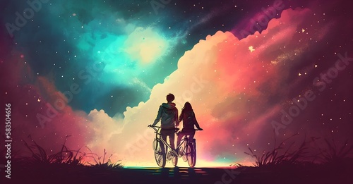 couple in love riding on bicycle against night sky with colorful clouds, digital art style, illustration painting, Generative AI