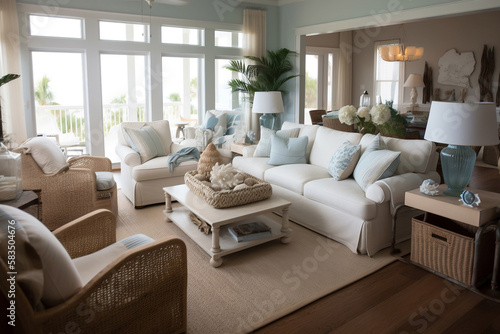Beach style living room. Generative AI