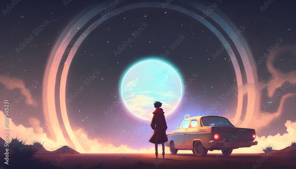 night scenery of the man standing on a vintage car looking at the planet with rings on a horizon, digital art style, illustration painting, Generative AI night scenery of the man standing on a vintage car looking at the planet with rings on a horizon, digital art style, illustration painting, Generative AI