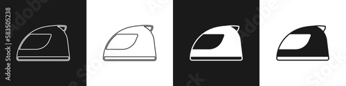 Set Racing helmet icon isolated on black and white background. Vector