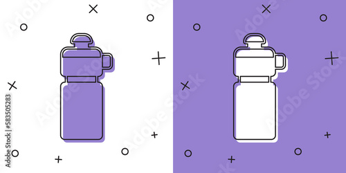 Set Fitness shaker icon isolated on white and purple background. Sports shaker bottle with lid for water and protein cocktails. Vector
