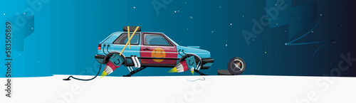 Illustration of a futuristic flying car, side view against the background of the cosmic sky