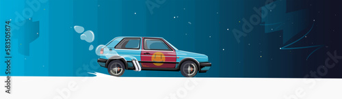 Machine illustration, side view against the background of the cosmic sky