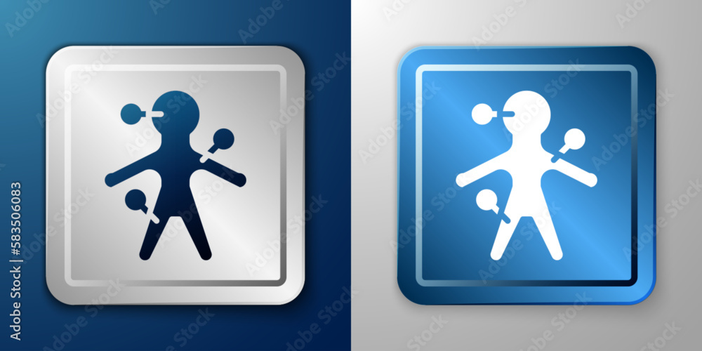 White Voodoo doll icon isolated on blue and grey background. Silver and blue square button. Vector White Voodoo doll icon isolated on blue and grey background. Silver and blue square button. Vector