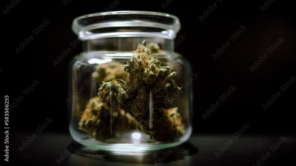 Canabis Buds in a Glass Jar. Generative AI. Canabis Buds in a Glass Jar. Generative AI.