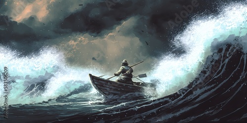 man rowing a magic boat in stormy sea with rogue waves, digital art style, illustration painting, Generative AI