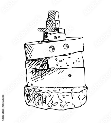 Linear sketch of a cheese pyramid. Assortment of different cheese types. Perfect for recipe design, menu, delivery, packaging.