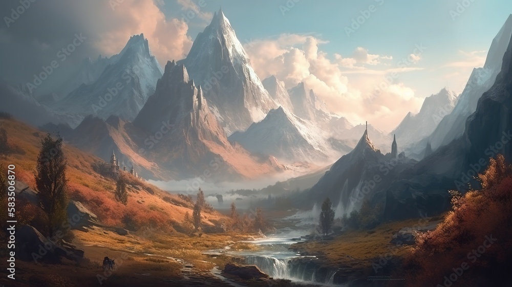 Mountain Fantasy Backdrop, Concept Art, CG Artwork, Realistic Illustration with Generative AI
