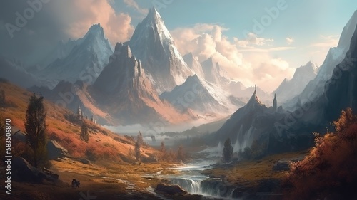 Mountain Fantasy Backdrop  Concept Art  CG Artwork  Realistic Illustration with Generative AI 