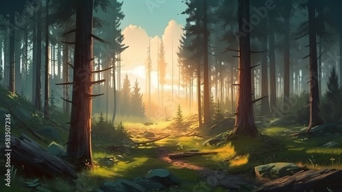 Pine Forest Fantasy Backdrop, Concept Art, CG Artwork, Realistic Illustration with Generative AI 