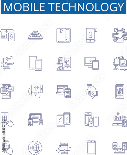Mobile technology line icons signs set. Design collection of Smartphone, Apps, Network, Wireless, GPS, Bluetooth, LTE, 4G outline concept vector illustrations