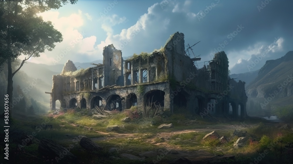 Ruin Building Fantasy Backdrop, Concept Art, CG Artwork, Realistic Illustration with Generative AI
