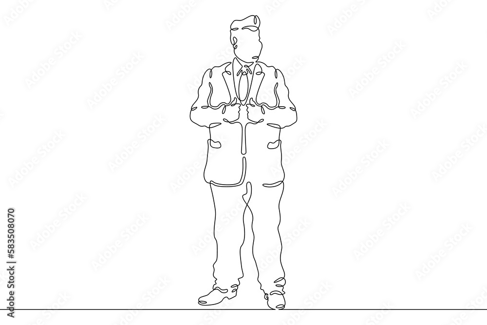 One continuous line. Fat man businessman. Fatty in a business suit. Obesity. An obese man with a tie. One continuous line drawn isolated, white background.