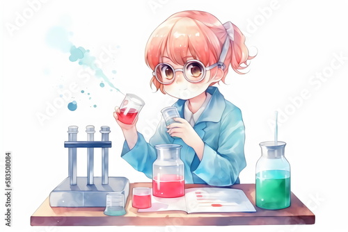 watercolor kawaii girl doing science experiments in lab, made with generative ai