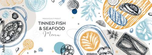 Tinned fish board artistic design. Hand drawn seafood background in collage style. Canned fish and shellfish sketches. Sardines, caviar, mackerel, tuna, mussels, olives, lemons vector banner template