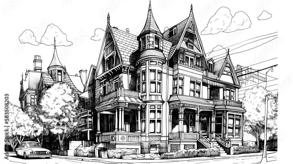 Obraz premium Concept technical design sketches of houses and villas in ink & pencil. Artistic sketches detail architecture showcasing modern and traditional houses. Generative AI