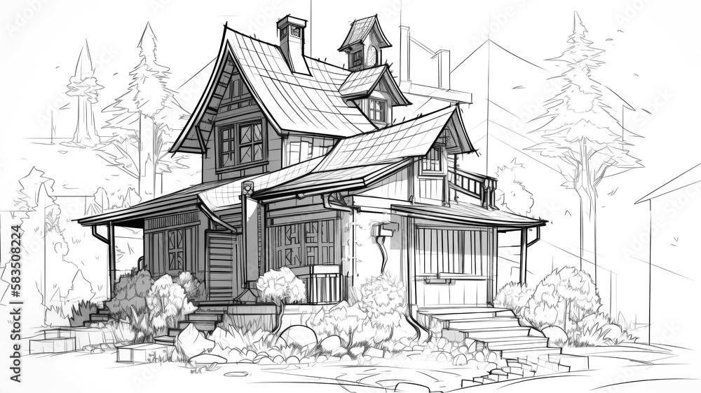Concept technical design sketches of houses and villas in ink & pencil. Artistic sketches detail architecture showcasing modern and traditional houses. Generative AI Concept technical design sketches of houses and villas in ink & pencil. Artistic sketches detail architecture showcasing modern and traditional houses. Generative AI