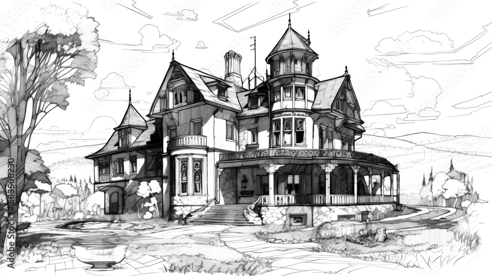 Obraz premium Concept technical design sketches of houses and villas in ink & pencil. Artistic sketches detail architecture showcasing modern and traditional houses. Generative AI