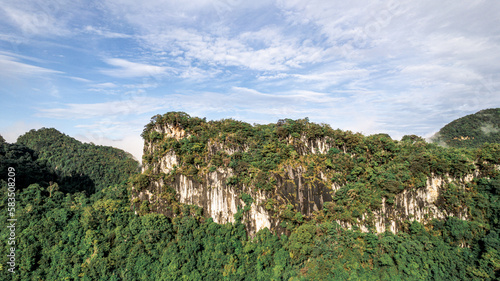 Aerial View of limestone mountain morning mist surrounding Phang Na City in Krabi Province Thailand