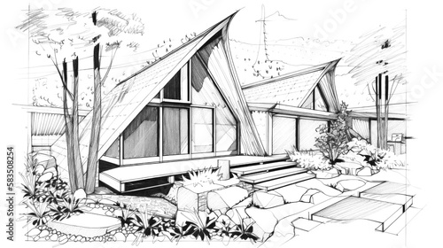 Concept technical design sketches of houses and villas in ink   pencil. Artistic sketches detail architecture showcasing modern and traditional houses. Generative AI