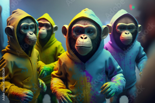 group of baby monkeys wearing plain color hoodies with vivid color bomb explosion backgrounds, cute and adorable animals, explosive colorful backgrounds, digital art. Generative AI