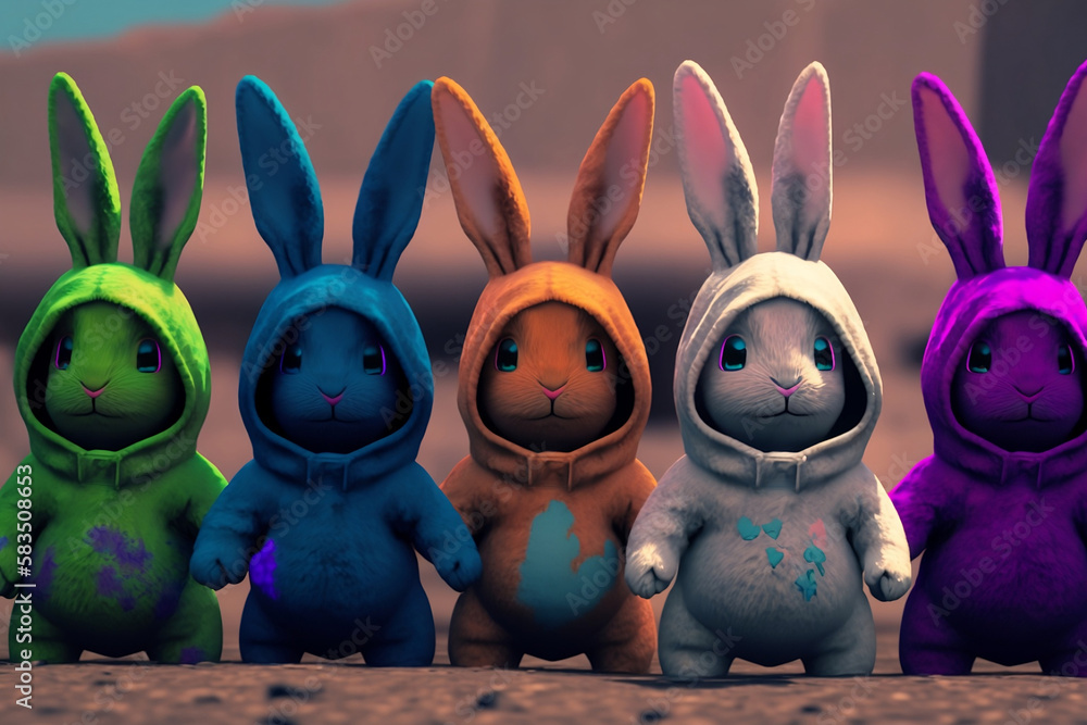 Ultra detailed group of baby rabbits wearing plain color hoodies with ...