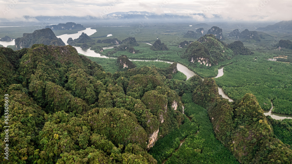 Aerial View of limestone mountains in Krabi Province Thailand