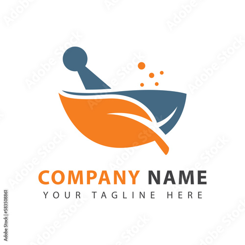 Abstract mortar pestle leaf bowl icon logo design template.