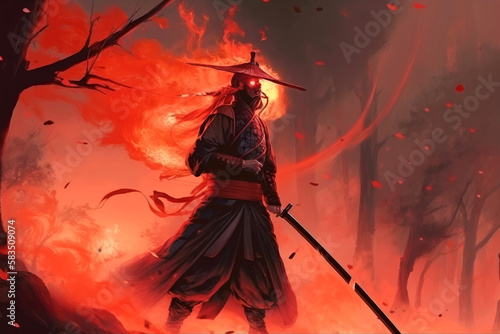 A samurai min a demonic red mask on the battlefield, woman, fire, people, halloween, illustration, art, warrior, generative ai