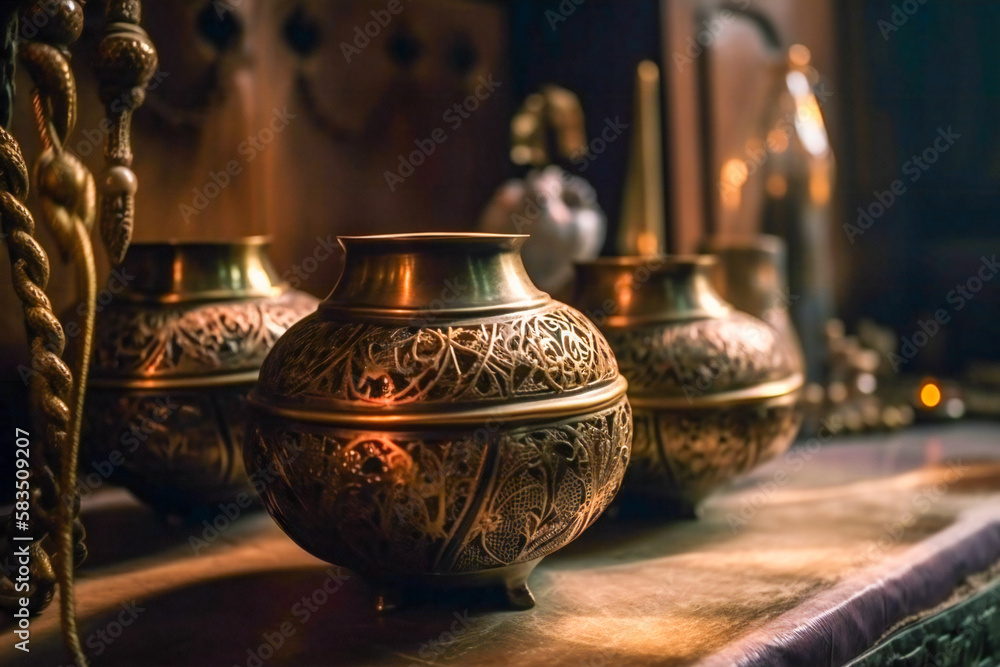 Oriental or ottoman metalwork and craft, filigree pots or lanterns close up in a middle east bazaar. Created with Generative AI technology. Oriental or ottoman metalwork and craft, filigree pots or lanterns close up in a middle east bazaar. Created with Generative AI technology.