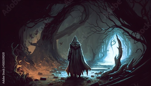 dark cloak in mysterious forest, wizard, sorcerer, illustration, Generative AI © MG