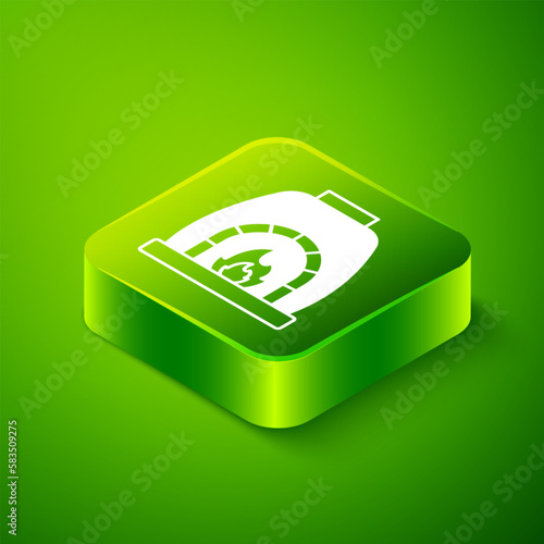 Isometric Blacksmith oven icon isolated on green background. Green square button. Vector