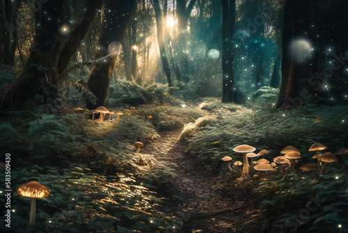 Enchanted forest at night, with luminescent mushrooms and luminous particles floating around. Created with Generative AI technology.