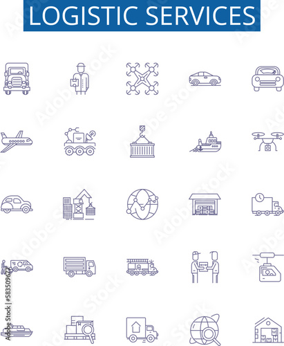 Logistic services line icons signs set. Design collection of Logistics, Services, Shipping, Delivery, Cargo, Freight, Warehousing, Dispatch outline concept vector illustrations