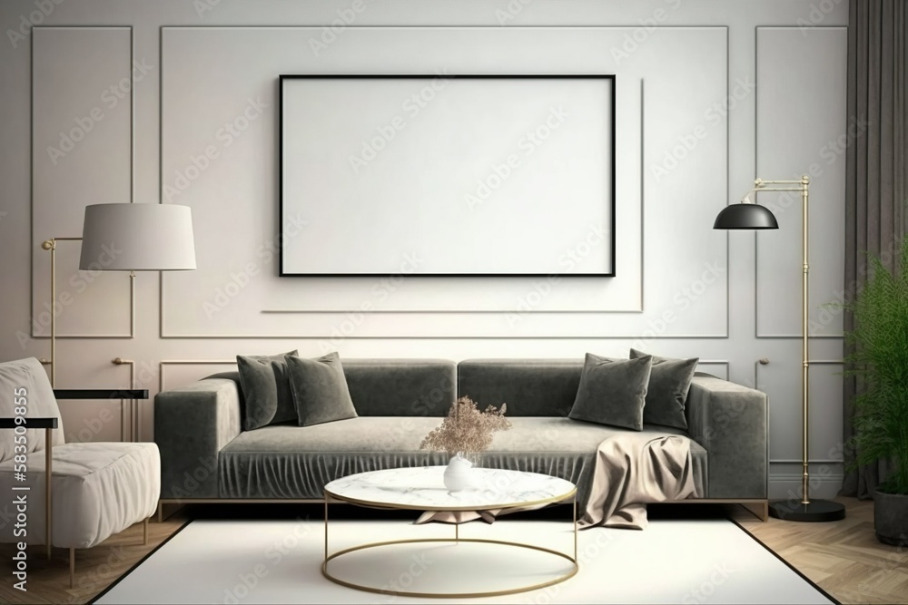 Fototapeta premium Mockup poster frame on the wall of living room. Luxurious apartment background with contemporary design. Modern interior design. 3D render, 3D illustration