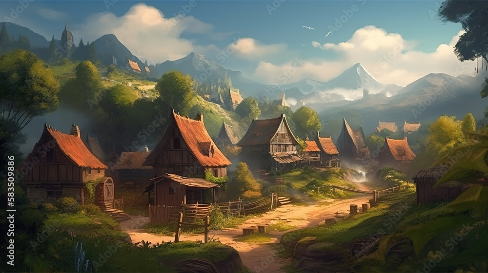 Village Fantasy Backdrop, Concept Art, CG Artwork, Realistic Illustration with Generative AI
