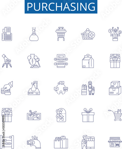 Purchasing line icons signs set. Design collection of Buy, Acquire, Obtain, Shop, Shop for, Invest in, Bargain, Finance outline concept vector illustrations