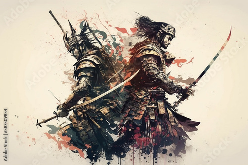 Canvas Print Anime samurai warriors rushing each other with swords in front of each other