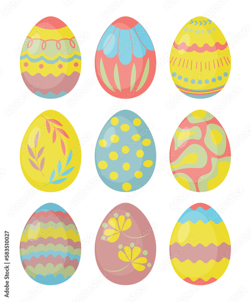 Set of cute colorful Easter eggs in flat style. Easter symbol, decorative vector elements collection. Collection of colored eggs.